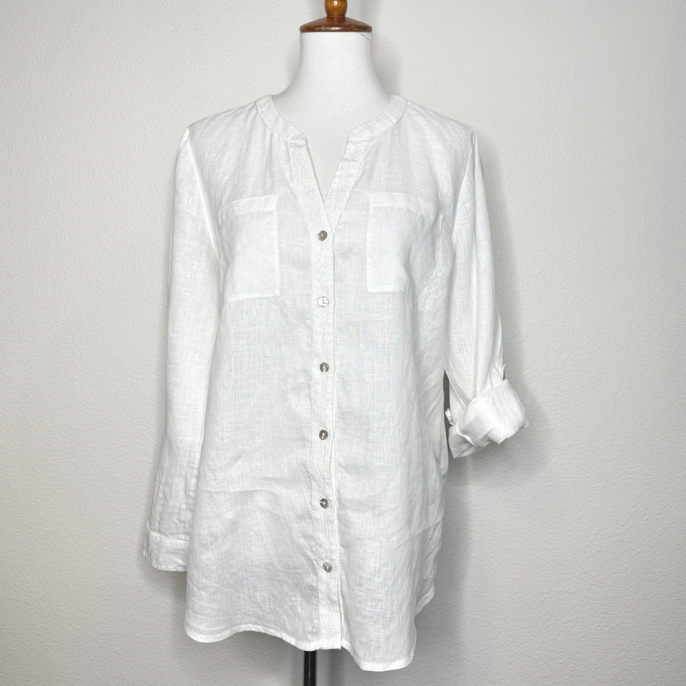 CHICOS Tunic Linen Blouse MED Sz 1 Ivory Cream Sequins Lace Long Roll Tab Sleeve